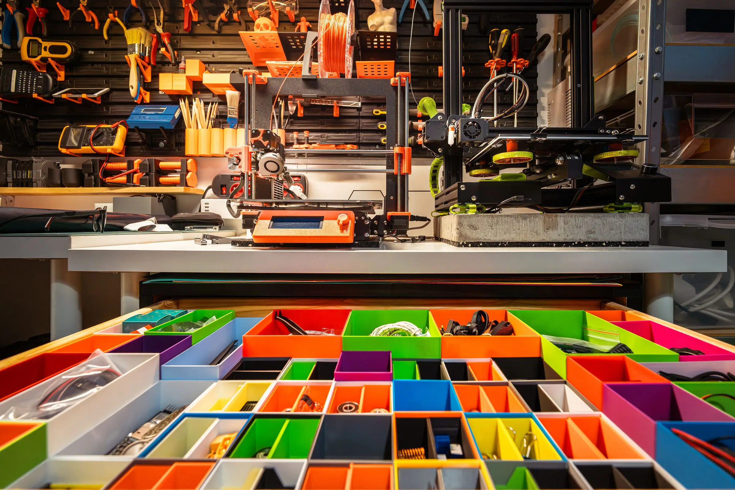 A home workshop with two desktop 3D printers on a bench, a tool wall behind and an open drawer of small parts.